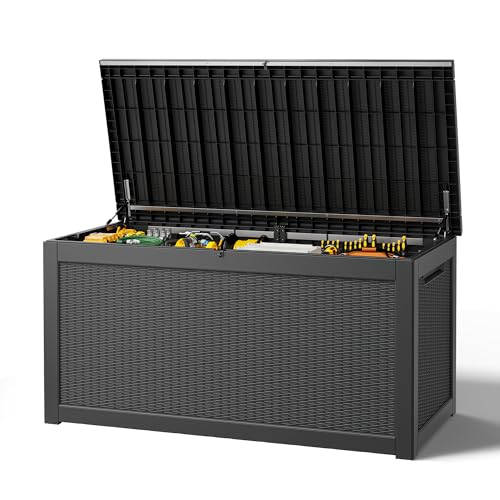 Outdoor Storage Box, Resin Deck Boxes Indoor and outdoor, Waterproof Storage Box Lockable Lid (Black,260 Gallon) - color: Rattan Black, style: 260 Gallon