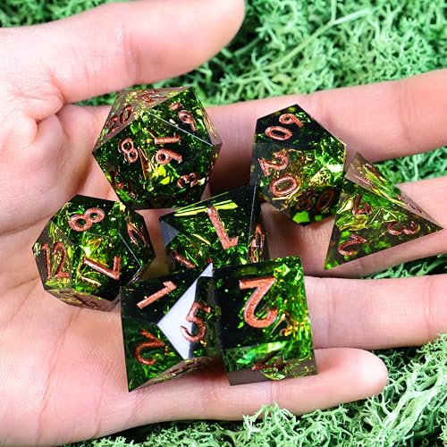 DND Resin Sharp Edge Polyhedral Dice Set,for Dungeons and Dragons RPG MTG Table Games,7 Pcs Handmade Gemstone Dice Set - color: Verdant Gild