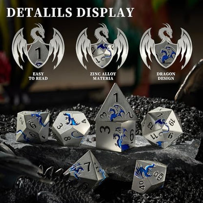 Metal Dragon DND Dice Set,7-Piece RPG Dice,Silver Blue | Zinc alloy polyhedral dragon dice set with easy-to-read numbers and a magnetic gift box for DND players and collectors. - color: Matte Silver With Blue