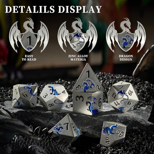 Metal Dragon DND Dice Set,7-Piece RPG Dice,Silver Blue | Zinc alloy polyhedral dragon dice set with easy-to-read numbers and a magnetic gift box for DND players and collectors. - color: Matte Silver With Blue