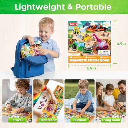 SYNARRY Construction Vehicle Toys Magnetic Puzzles for Kids Ages 3-5 | Magnetic Travel Puzzle for Kids Ages 4-6, Car Airplane Road Trip Activities, Construction Vehicle Excavator Birthday Gifts