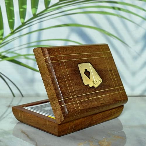 Playing Cards Holder, Handmade Wooden Card Storage Box with Brass Inlay Design, Anniversary Birthday Gifts Made in India (Design 5) - color: Design 5