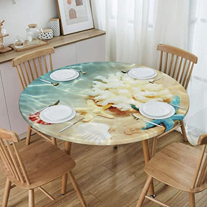 Famame Sea Beach Underwater Starfish Fitted Round Tablecloth Waterproof Table Cloth with Elastic Edge Wipe Clean Table Covers for Indoor Outdoor Fits 45"-50", Medium - color: Sea Underwater Starfish