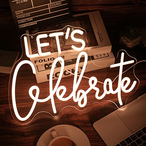 Let's Celebrate Neon Sign Dimmable Warm White Neon Light Let's Celebrate Neon Signs for Wall Decor Powered by USB Words LED Lights for Bedroom Party Thanksgiving(16.5"x11.8") | USB Powered Letters Led Signs,Party Holiday Led Light Sign,Graduation back to