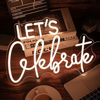 Let's Celebrate Neon Sign Dimmable Warm White Neon Light Let's Celebrate Neon Signs for Wall Decor Powered by USB Words LED Lights for Bedroom Party Thanksgiving(16.5"x11.8") | USB Powered Letters Led Signs,Party Holiday Led Light Sign,Graduation back to