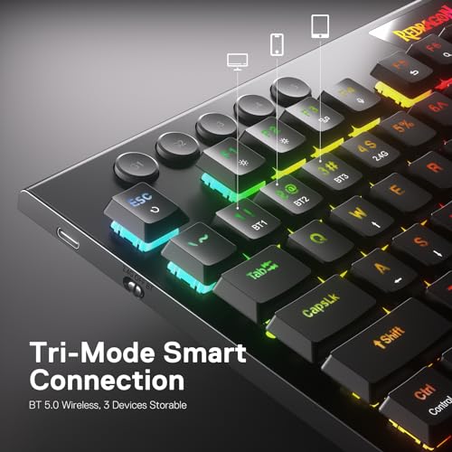 Redragon K618 PRO Wireless Ultra-Thin Gaming Keyboard, Macro & Media Scroll | 0-Delay Tri-Mode, 5 On-Board Keybinding G Buttons for MMO MOBA Games, Dedicated Media Control, Easy-Switch Win/Mac Compatible - color: Red Switch, size: K618 Wireless