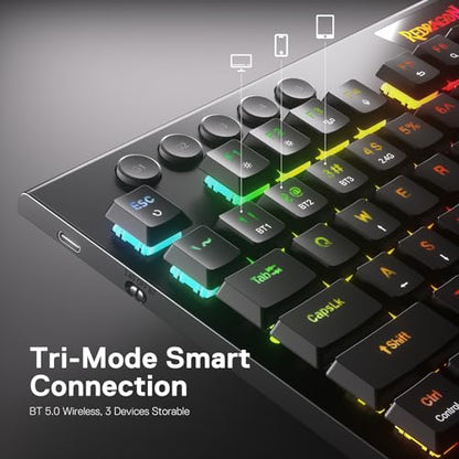 Redragon K618 PRO Wireless Ultra-Thin Gaming Keyboard, Macro & Media Scroll | 0-Delay Tri-Mode, 5 On-Board Keybinding G Buttons for MMO MOBA Games, Dedicated Media Control, Easy-Switch Win/Mac Compatible - color: Red Switch, size: K618 Wireless