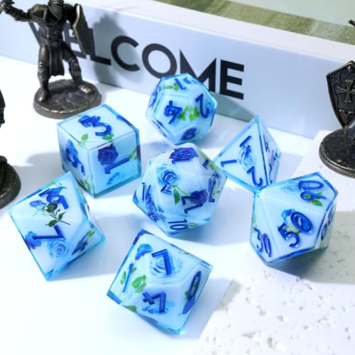 XENOLUX Resin DND Dice Set, Polyhedral RPG Dice for Dungeons and Dragons, Blue Rose Design for Tabletop Board Games (L3) - color: L3