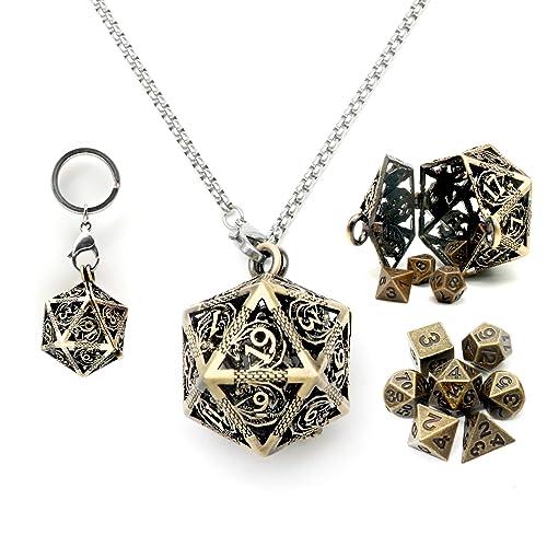 Haxtec Mini Metal DND Dice Set, D20 Hollow Cage Pendant Necklace & Keying | Portable 6mm Micro 7PCS D&D Dice, Cool Charm DND Accessories, For RPG Travel, Unique Gifts for Dungeons and Dragons Players - color: Antique Bronze