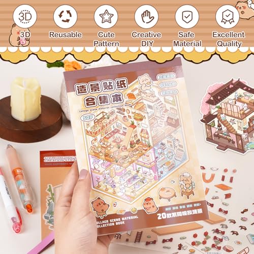 20 Sets 3D Sticker Scene Book for Adults,DIY Create Your Own Mini House | Stickers Cute Kawaii Miniature Scenes for Stress Relief Therapy Pass The Time, Fun Party Favors Gifts for Birthday Holiday - size: Sticker Book 20 Sets