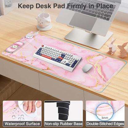 Wireless Charging Mouse Pad with Phone Holder, 31.5"x15.8" in, Pink Marble | Large Desk Mat for Laptop/Keyboard, Waterproof Ultra-Smooth Surface, Non-Slip Base - color: Pink Marble-Phone Holder-31.5"x15.8"