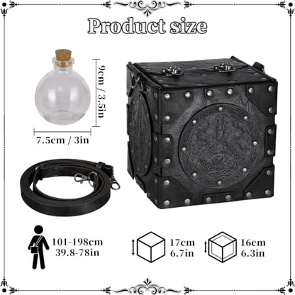 HiiFeuer Medieval Alchemist Crossbody Bag, Embossed Leather Riveted Potion Box with Bottles, Wizard Storage Box for Ren Faire (Black A) - color: Black A