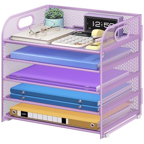 Cawukege 5 Tier Paper Organizer with Handle, Metal Mesh Desk Organizer File Folder Paper Letter Tray Desktop Document Sorter for Classroom, School, Office Accessories Organization and Storage - Purple - color: Purple