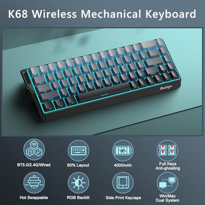 BlueFinger 60% Wireless Mechanical Gaming Keyboard, Bluetooth/2.4G/USB-C Hot Swappable RGB Backlit Keyboard with Side-Printed PBT Keycaps, for MAC Xbox PC PS5, Black - color: Gradient Gray