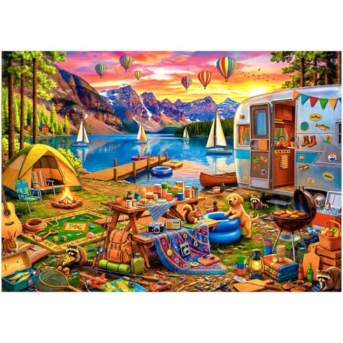 Lakeside Camping Day 1000 Piece Puzzles for Adults | Mountain Lake Camping Puzzles for Adults 1000 Pieces, Impossible Hard Fun Challenging Lakeside Camping Puzzles for Adults - color: Camping Day