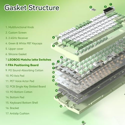 Aula Nova75 Mechanical Gaming Keyboard,Wireless Green Keyboard with Knob | Tri-mode Bluetooth/2.4GHz/USB-C,RGB Backlit,FR4 Plate,Hot Swappable Pre-lubed Switches,Programmable PBT Keycaps,8000mAh - color: White&Green