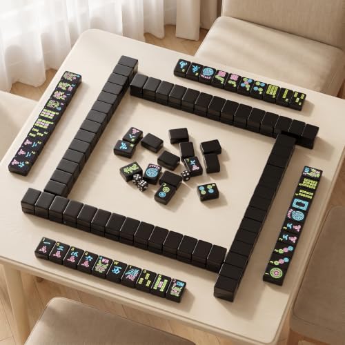 American Mahjong Tile Set, 166 Black Mah jongg Tiles,3 Dice & Bag | 1.2-Inch Engraved Tile, Melamine, Portable Mahjong Sets, for Travel, Family Game Night, and Gifting - color: Black