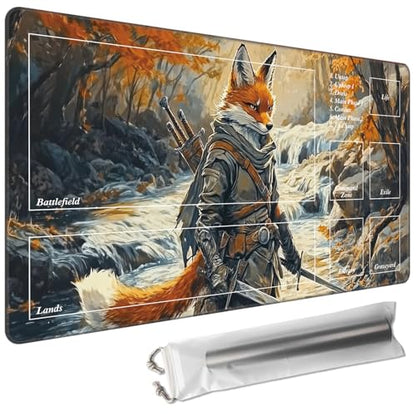MTG Playmat with Magic Zone 27.5 x 15.7in Includes Storage Bag,TCG Playmat with Soft Surface Premium Non-Slip Rubber Backing Stitched Edges Durable Gaming Mat,Fox Knight - color: Fox Knight, size: 27.5"×15.7"With Zones