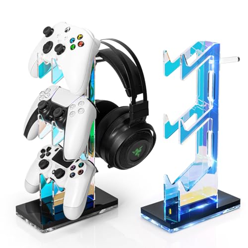 OAPRIRE Controller Holder Headset Stand with Lights, 3 Tier Acrylic Gaming Controller Stand Compatible with PS4, PS5, PC, Switch, Universal Design (Black) - color: Black, size: 3 Tier-Lights