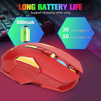 FELICON Wireless Gaming Mouse Rechargeable with Rainbow RGB Backlit,Optical Sensor 3 Level DPI,Ergonomic Gamer Laptop High Performance PC Mice with 8 Buttons for Windows 7/8/10/XP Vista（Red） - color: Red