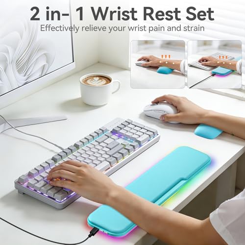 2-in-1 온열 손목 받침대 세트, RGB 조명 및 미끄럼 방지 베이스가 있는 인체 공학적 메모리 손목 패드, 컴퓨터 노트북, 사무실 작업 및 PC 게임용 키보드 마우스 손목 받침대 - color: 블루.