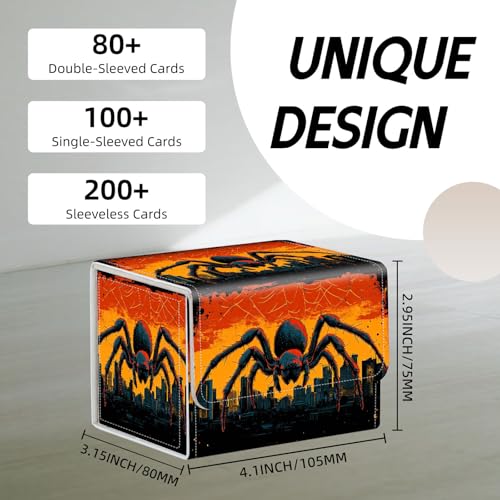 Trading Card Storage Box, Holds 100+ for MTG Cards, PU Leather with Magnetic Closure, Giant Spider over City Sunset Durable Deck Box for Magic the Gathering, Trading Card Games - color: Giant Spider over City Sunset