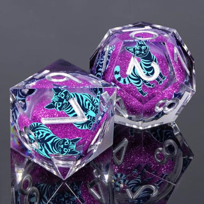 KERWELLSI Cat Liquid Core DND Dice Set with Gift Box, 7Pcs Resin Dungeons Sharp Edge D&D Dice, Dragons D and D Role Playing Dice D20 D12 D10 D8 D6 D4, Purple and Blue Cat - color: Purplr and Blue Cat