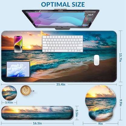 Desk Mat Set Keyboard and Mouse Pad with Wrist Rest Support | Ergonomic,Pain Relief, 4-in-1 Large Big Mousepad Computer Mats,Desk Pad Matt Mats for Desktop Home & Office - color: J-Sunset Sea