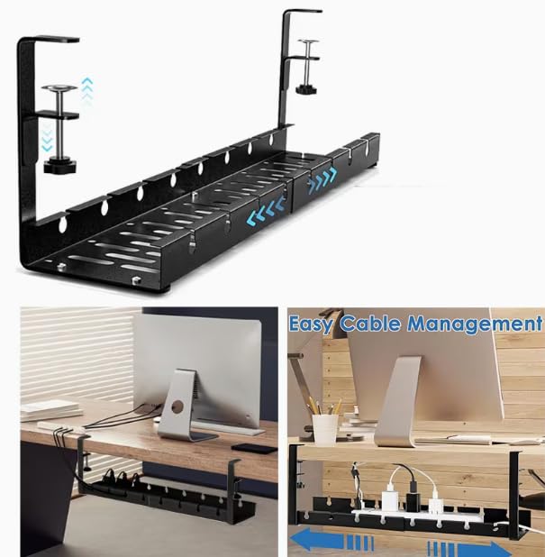 Extendable Under Desk Cable Management Tray, 17"-28.7" Clamp On Cord Organizer, No Drilling Metal Cable Management Holds Up to 11 lbs, Desk Storage for Office and Gaming Accessories
