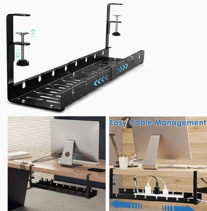 Extendable Under Desk Cable Management Tray, 17"-28.7" Clamp On Cord Organizer, No Drilling Metal Cable Management Holds Up to 11 lbs, Desk Storage for Office and Gaming Accessories