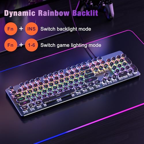 Typewriter Wired Mechanical Gaming Keyboard, Blue Switch LED Backlit | Metal Panel, Retro Punk Round Keycaps, 104 Keys Wired Keyboard for PC Laptop Mac Gamer, LED Rainbow Backlit,RisoPhy