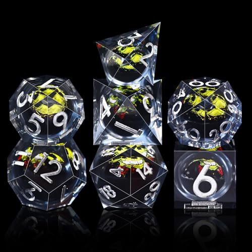 AUSTOR 7 Die DND Dice Set - 7 Pieces Green Skull Resin Dice - D20, D12, D10, D8, D6, D4 Sharp Edge Dungeons and Dragons Dice with Case - color: Green Skull