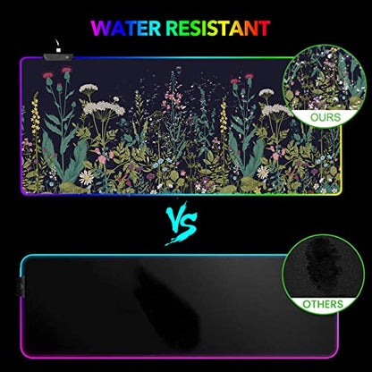 RGB Gaming Mouse Pad Large, AIMSA Keyboard Led Mousepad Extended 35.4 x 15.8 inch Non-Slip Rubber Base with 14 Lighting Modes, Big Desk Mat Waterproof, Flowers Plants - color: Flowers Plants