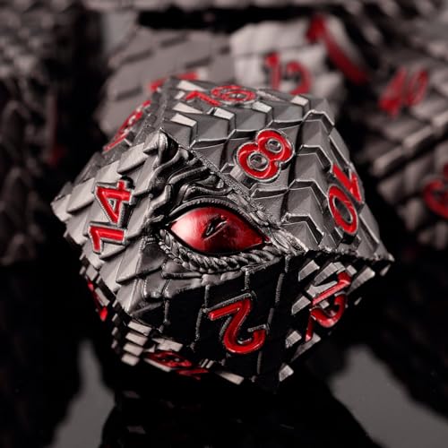 Dragon Eye Metal Dice Set - 7 Pcs Dragon Scale Metallic Dice, Gift Box for Dungeons & Dragons Tabletop Game (Black Dragon Scale & Red Eye) - color: Black Dragon Scale & Red Eye