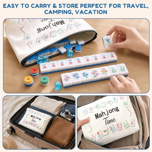 160 American Mahjong Tile Set with Bag 1.2'' Blue Mah Jongg Tiles | Travel Floral Engraved Melamine Mahjong Set for Beginner Friends Clubs Family Game Night Gifts (4 Dice, 100 Poker Chips)