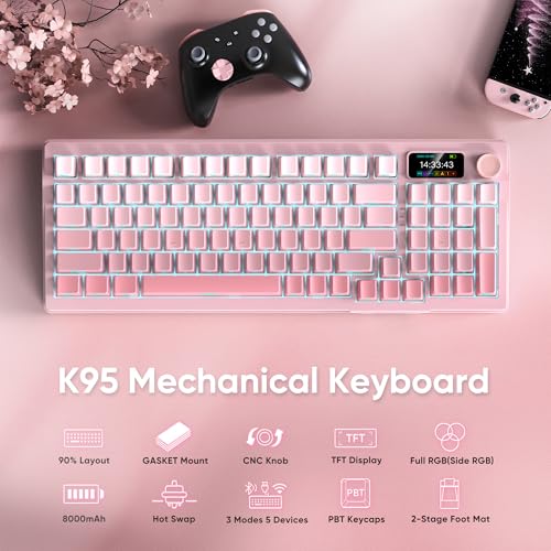 RedThunder K95 Wireless Mechanical Keyboard, TFT Screen & Knob, Triple-Mode, Custom Gasket Mount Hot-Swap, Pre-lubed Linear Pink Switches, RGB Backlit, Side-Printed PBT Keycaps, Gradient Sakura Pink - color: Gradient Sakura Pink