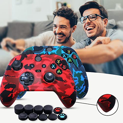 [2 Pack] Jusy Compatible with Xbox Series X/S Controller Soft Silicone Cover Skin, Sweat-Proof Dust-Proof Anti-Slip Case Cover Protective Accessories Set, with 10 Thumb Grips (Red+Blue) - color: Red+Blue