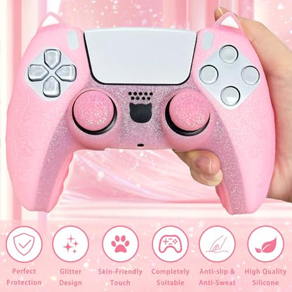 Pink Cat Glitter Anti-Slip Protective Silicone Cover Skin Grips Compatible with PS5/Slim/Pro Controller,8 PCS Glitter Thumb Grips Caps and 2 Paw Grips Caps. (Cat Pink) - color: Cat Pink