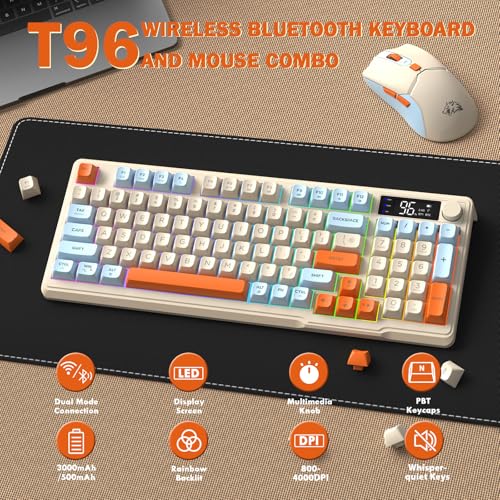 FREEWOLF T96 Smart Display Wireless Gaming Keyboard and Mouse Comb, 94Key LED Lighting Rechargeable Silent Membrane Keyboard with Knobs, 2000mAh Battery, 6-Button 4KDPI Mouse for Win/Mac(Blueberry) - color: Blueberry