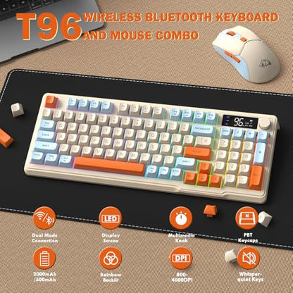 FREEWOLF T96 Smart Display Wireless Gaming Keyboard and Mouse Comb, 94Key LED Lighting Rechargeable Silent Membrane Keyboard with Knobs, 2000mAh Battery, 6-Button 4KDPI Mouse for Win/Mac(Blueberry) - color: Blueberry