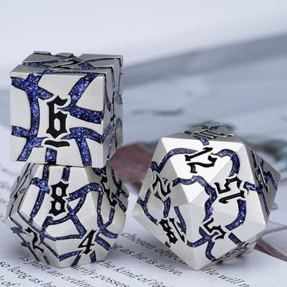 Cracked Rune Metal Dice Set for DND & RPG – Dark Fantasy Fractured Design, Premium Heavy Metal Polyhedral Dice with Deep Engraved Numbers, 7-Piece Set – Purple Arcane Vein - color: Pearl Silver Purple