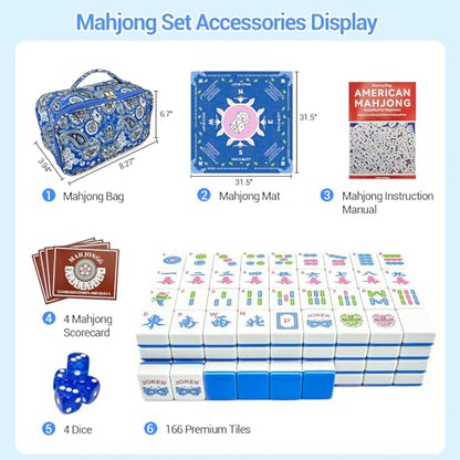 American Mahjong Tile Set, 166 Tiles (1.2”), Cute Mini Mahjong Tiles- Blue | Mahjong Tile Set with Carrying Bag, Dice, Mat, Portable Travel Complete Game Set for Home Outdoor Enthusiast Gift - color: Blue