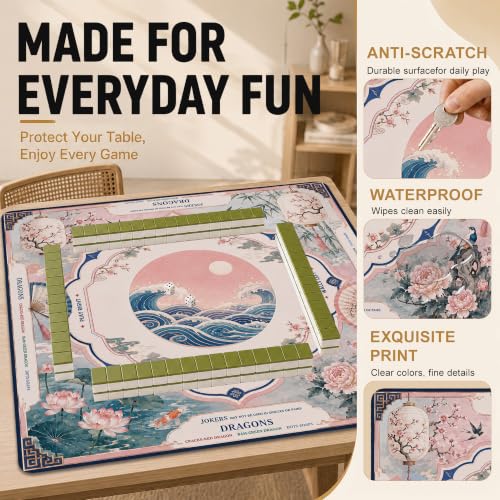 Crane Waves Mahjong Mat for Table with Carrying Bag, Anti Slip Noise Reduction Game Table Cover for Mahjong, Card, Board Tile Games, 31.5'' x 31.5'' - color: Moonlit Crane Waves