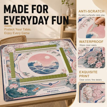 Crane Waves Mahjong Mat for Table with Carrying Bag, Anti Slip Noise Reduction Game Table Cover for Mahjong, Card, Board Tile Games, 31.5'' x 31.5'' - color: Moonlit Crane Waves