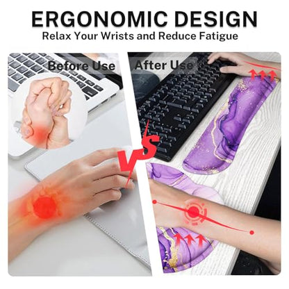 Arttown Purple Gold Marble Desk Mat Abstract Marble Mouse Pad Set 4 in 1 Ergonomic Design Large Mousepad + Keyboard Wrist Rest + Mouse Wrist Rest + Coaster Suitable for Home Office Study Game - color: Purple Gold Marble