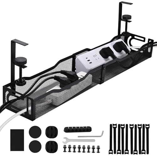 Under Desk Cable Management Tray 25.3 Inch, Clamp-On Cable Organizer Box for Standing Desks, No Drill Cord Management Under Desk, Large Desk Wire Organizer for Office & Home, Black - color: Black-L-Lengthening