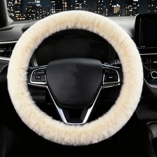 Furry Steering Wheel Cover, Fluffy Fuzzy Fur for Sweaty Cold Hands | Heat Absorbing, Soft Warm, Elastic Stretch, Standard Size 14.5"-15" Car Truck SUV, Anti-Slip Auto Interior Accessories, Pearl - color: single cover - pearl