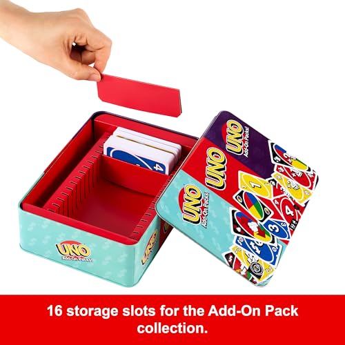 Mattel Games UNO Card Game with 2 Add On Packs with Storage Tin | Includes UNO Deck and 2 Add-On Packs for Kids, Teens & Family Game Night for Ages 7+, 2-10 Players (Amazon Exclusive)