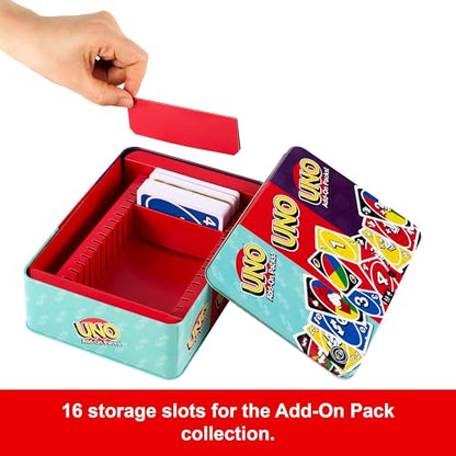 Mattel Games UNO Card Game with 2 Add On Packs with Storage Tin | Includes UNO Deck and 2 Add-On Packs for Kids, Teens & Family Game Night for Ages 7+, 2-10 Players (Amazon Exclusive)