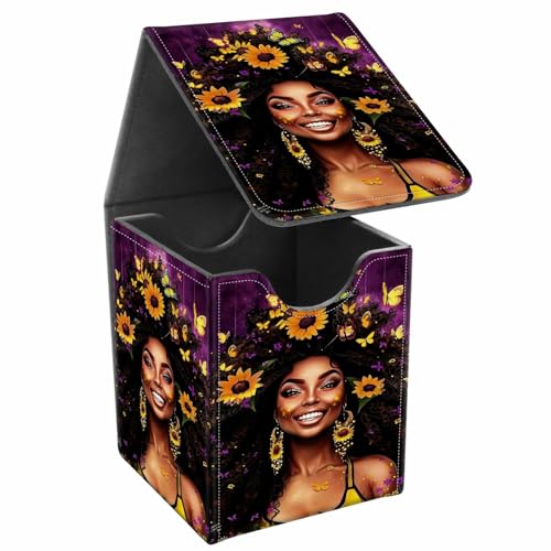 Card Deck Box, Card Storage Box Fits 100+ Single Sleeved Cards, Large Capacity PU Leather Card Storage Box with Strong Magnet for Magic Commander TCG CCG, Butterflies African Black Girl - color: Butterflies African Black Girl